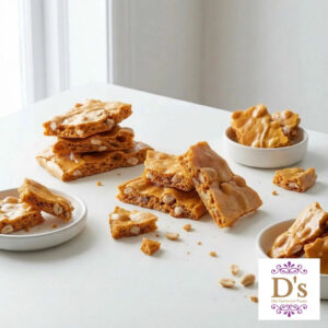 “A golden, glossy stack of Farm Girl Crackle brittle pieces displayed on a white surface, highlighting their shatteringly crisp texture and visible peanuts. Artisan-style presentation with the D’s Old-Fashioned Treats logo in the corner.”